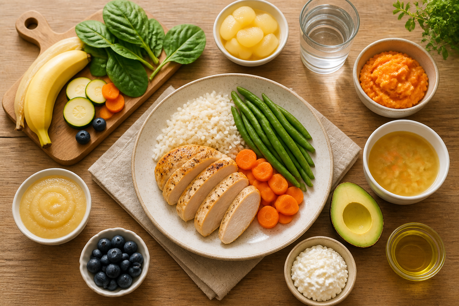 Overhead editorial still life related to Nutrition After Colon or Rectal Surgery on a warm wooden surface