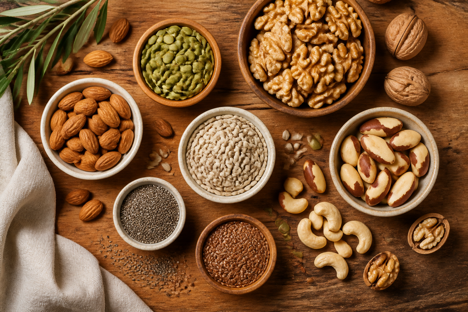 Overhead editorial still life related to Nuts and Seeds for Your Gut on a warm wooden surface