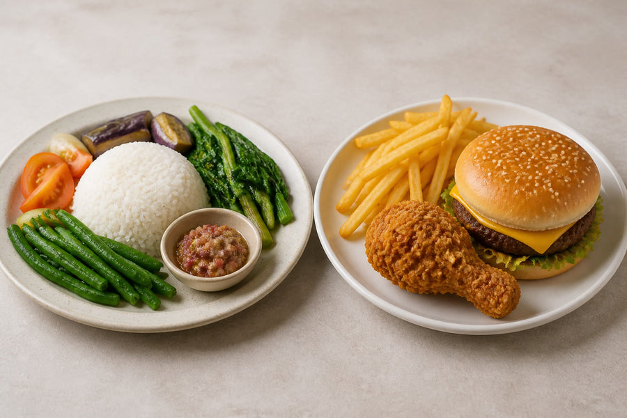 Split plates: traditional rice and vegetables versus fast food