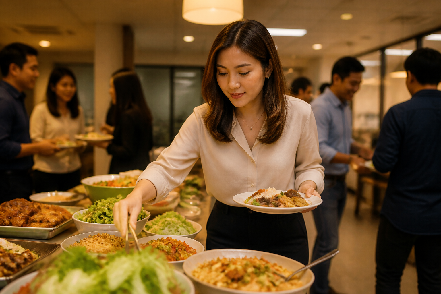Filipino woman at an office potluck table