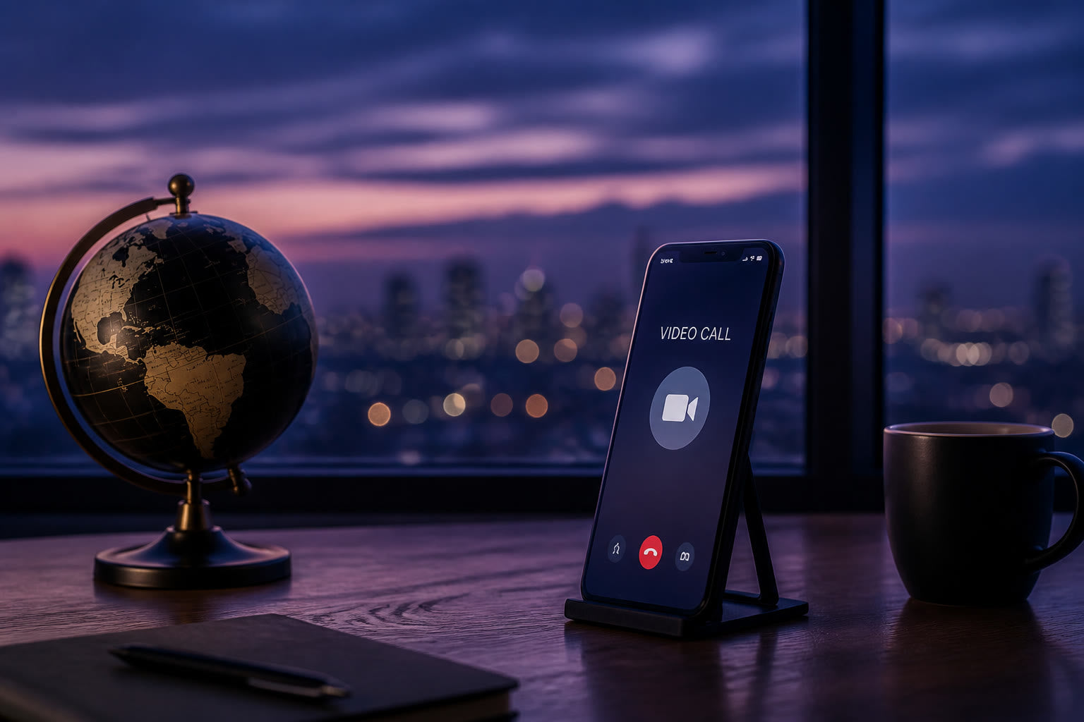 World clock and phone with video call icon on a quiet evening desk