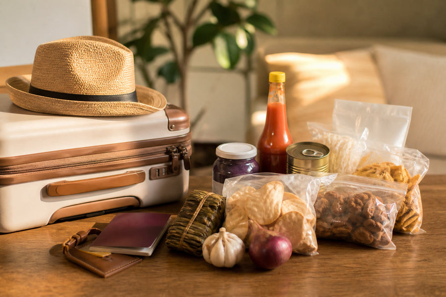 Suitcase and passport beside Filipino grocery items