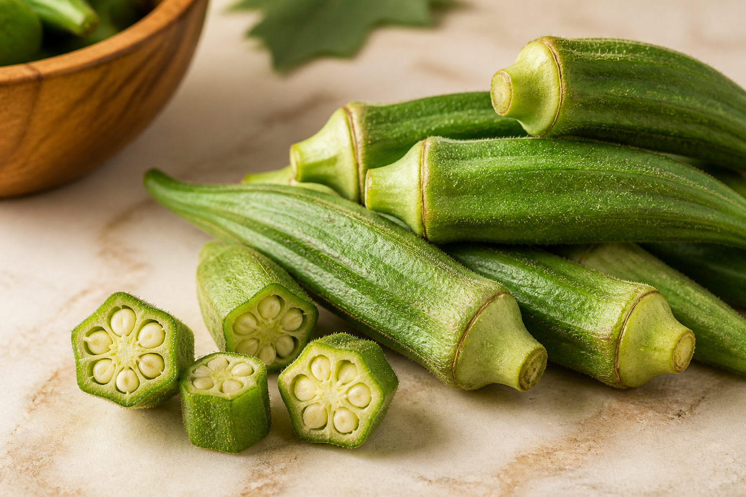 Close-up editorial still life of Okra on a clean wooden or marble surface