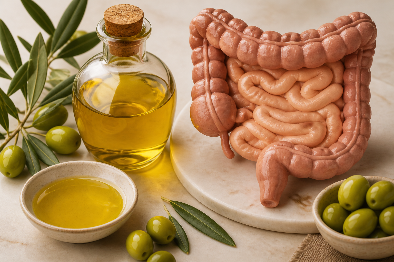 Close-up editorial still life of Olive Oil and Your Gut on a clean wooden or marble surface