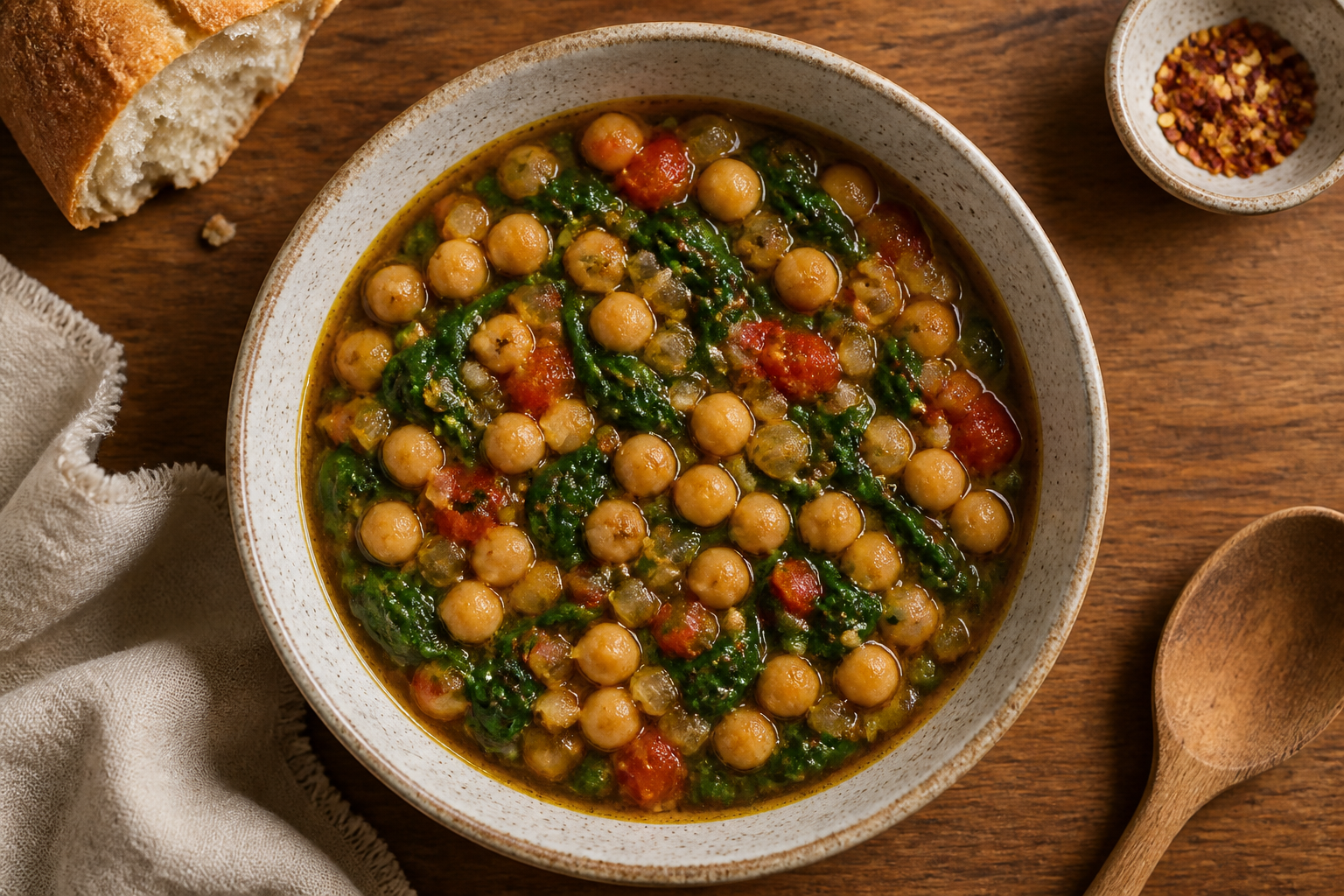Overhead shot of Olive Oil-Braised Chickpea and Spinach Stew plated appetizingly in a ceramic bowl