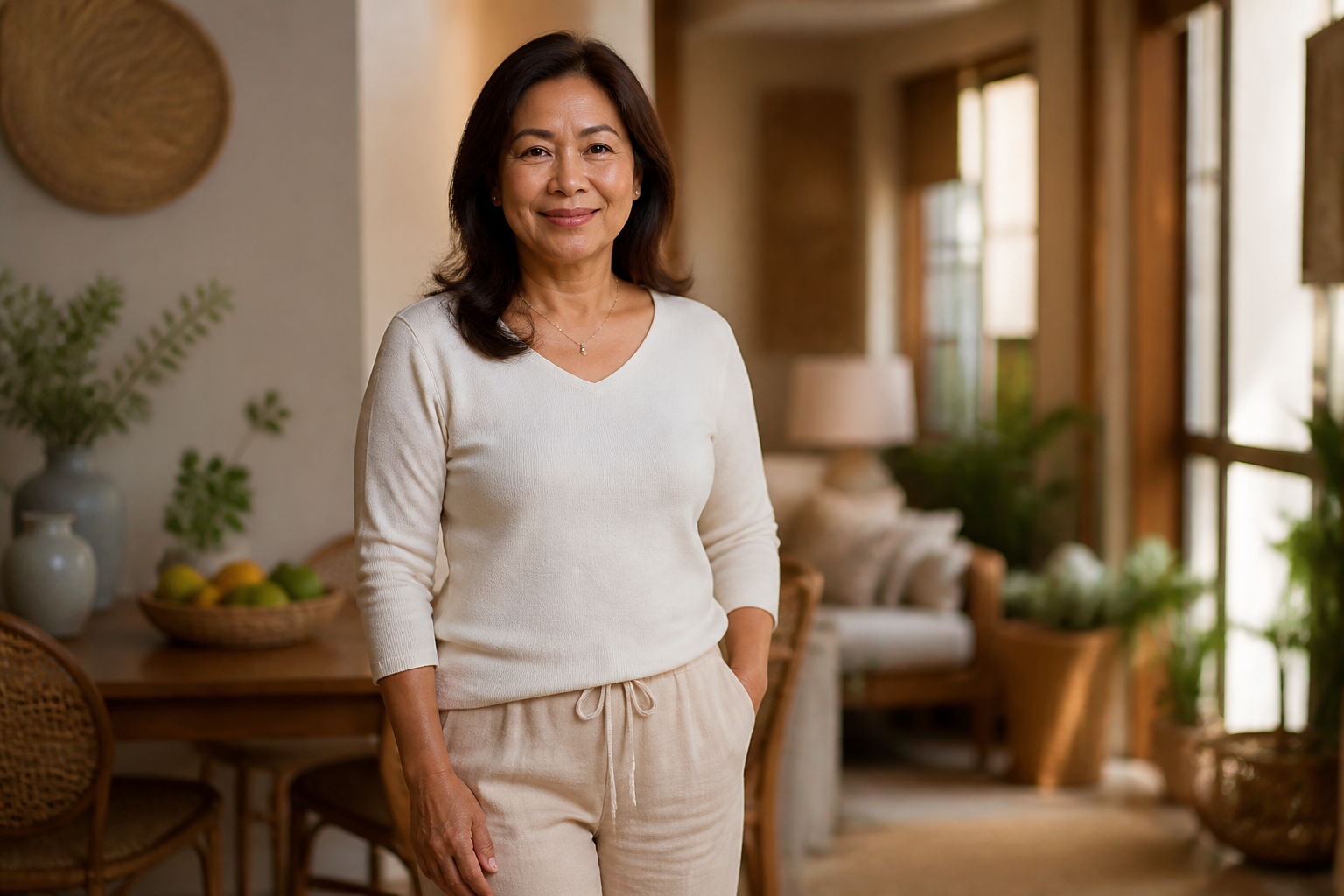 Filipino woman in her 50s at home in comfortable clothing