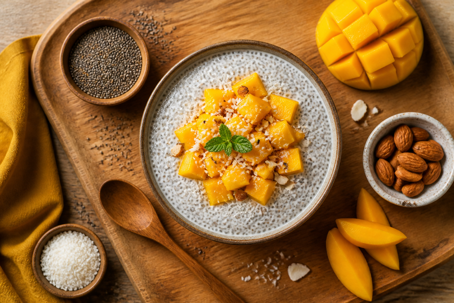 Overhead shot of Overnight Chia Pudding with Mango plated appetizingly in a wooden board