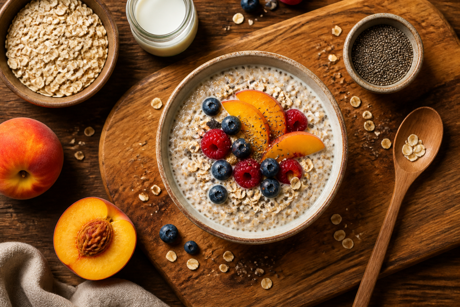 Overhead shot of Overnight Oats with Chia Seeds and Kefir plated appetizingly in a wooden board