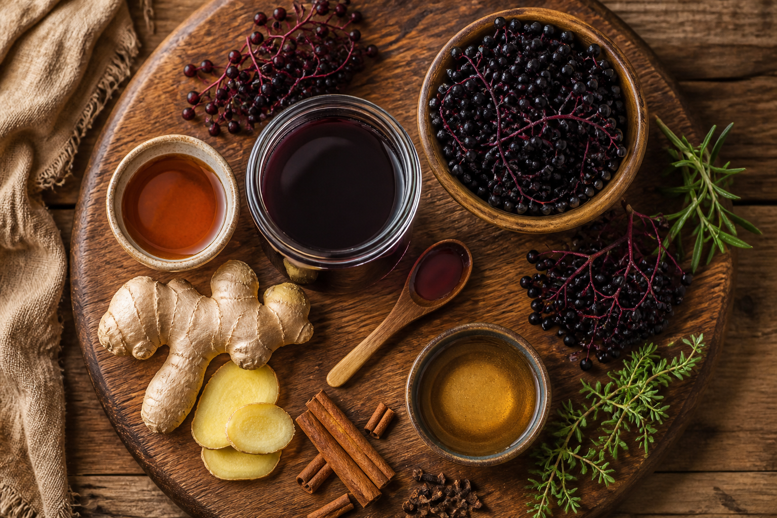 Overhead shot of Oxymel Elderberry Tonic plated appetizingly in a wooden board