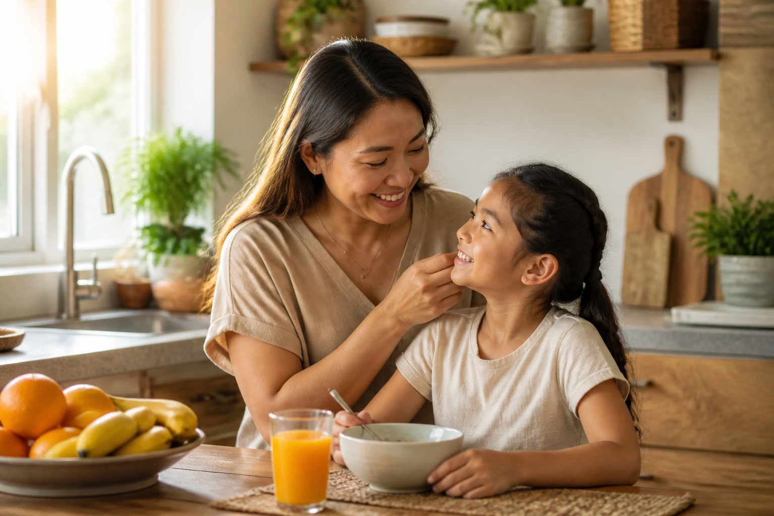 Filipino parent with a child age 6-8 in a warm home kitchen