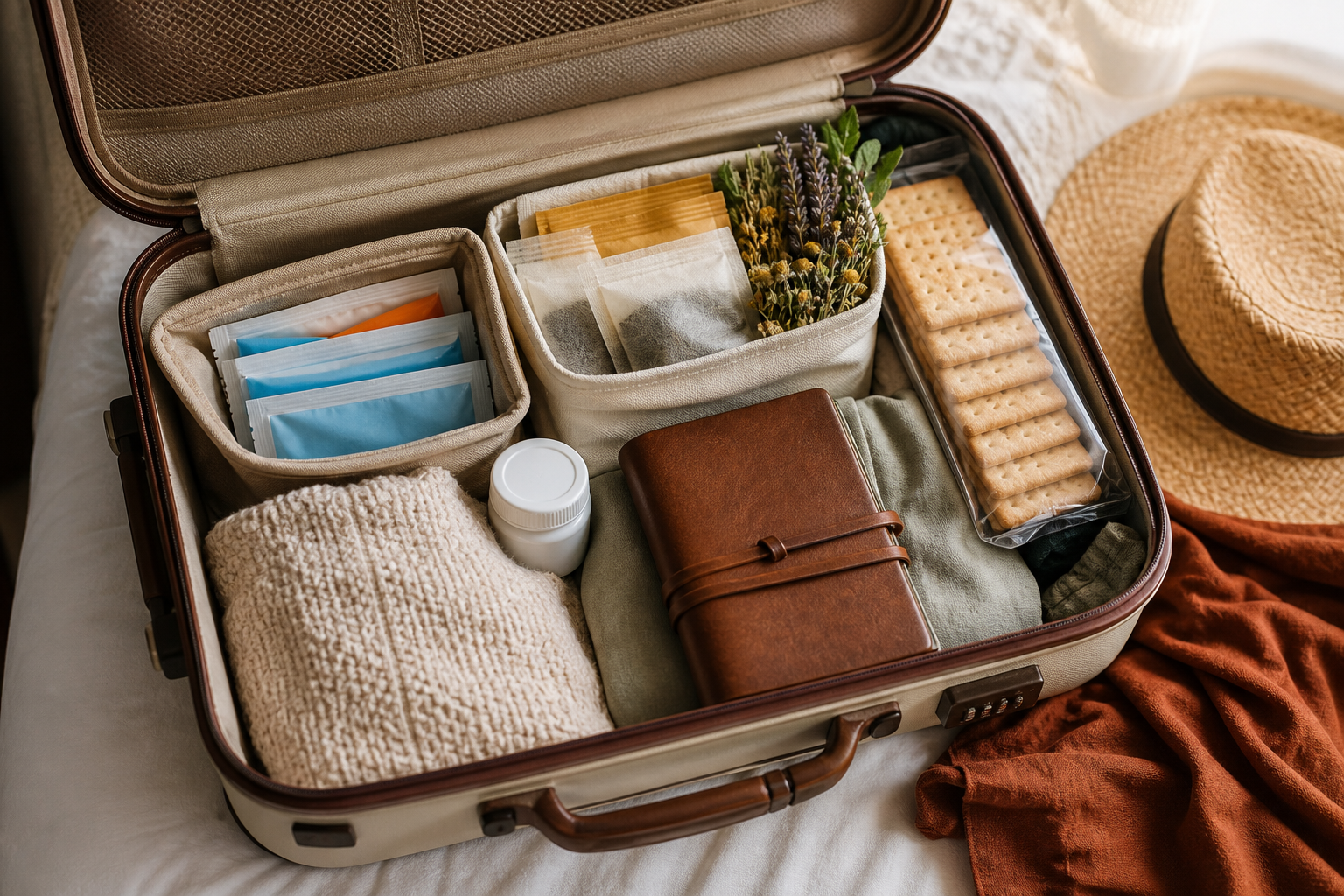Open suitcase with gut-travel essentials — small probiotic container