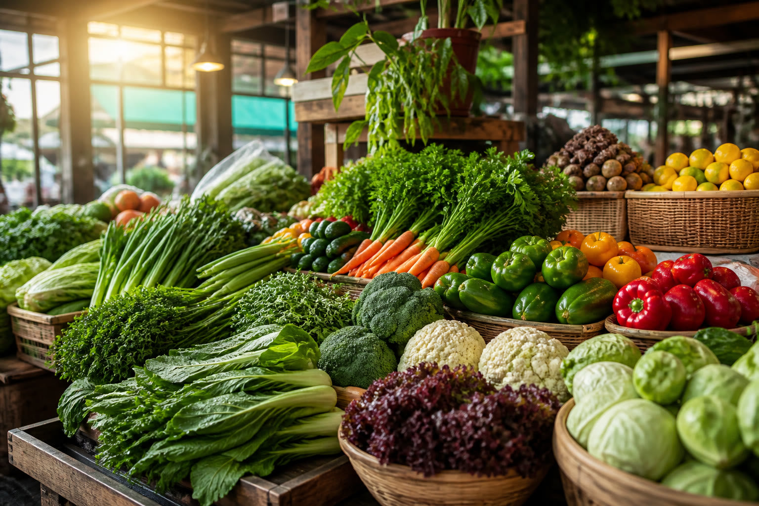 Vibrant wet market produce stall with fresh vegetables, leafy greens, and fruit
