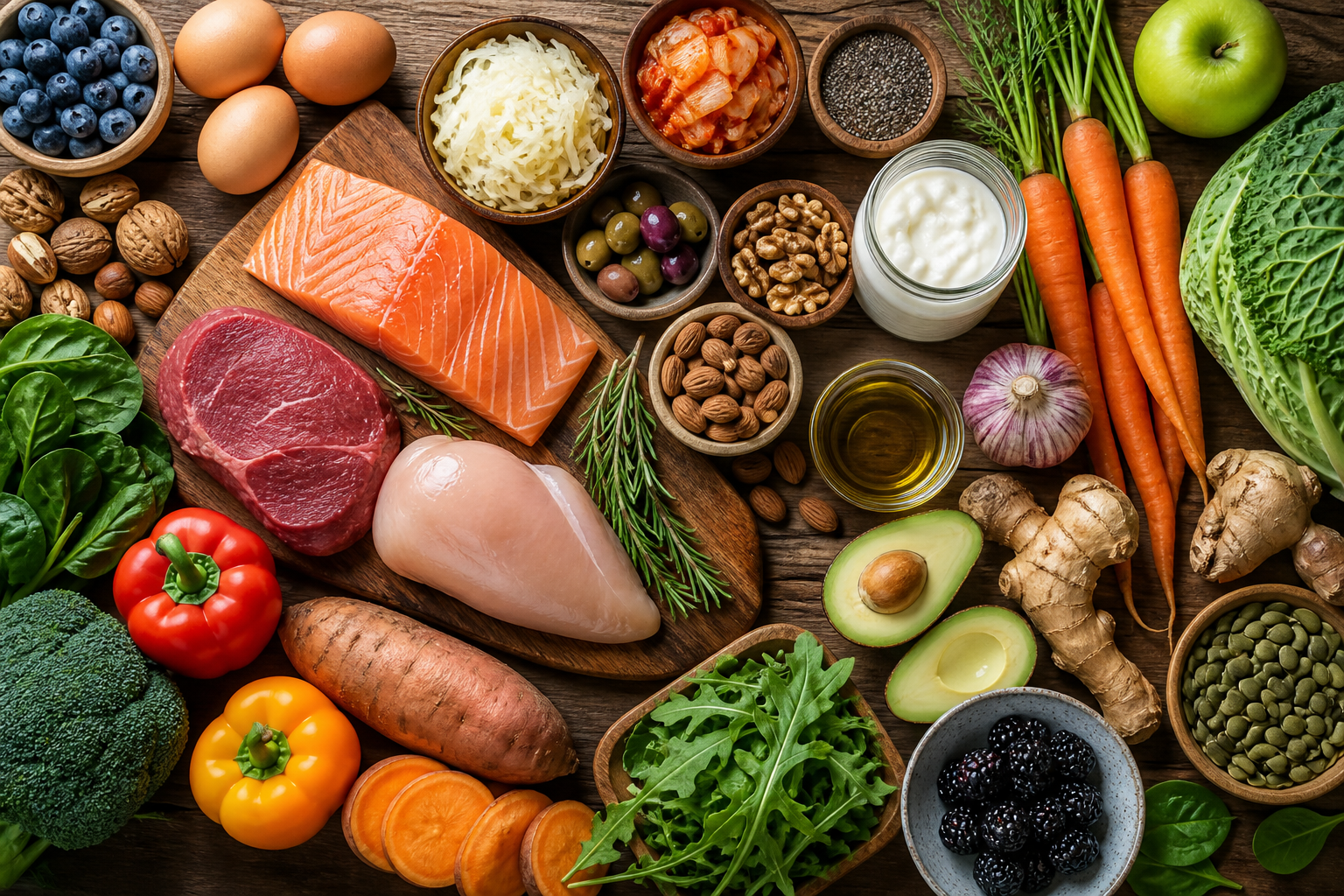 Overhead flat lay of foods representing Paleo Diet and Gut Health arranged beautifully on a wooden surface