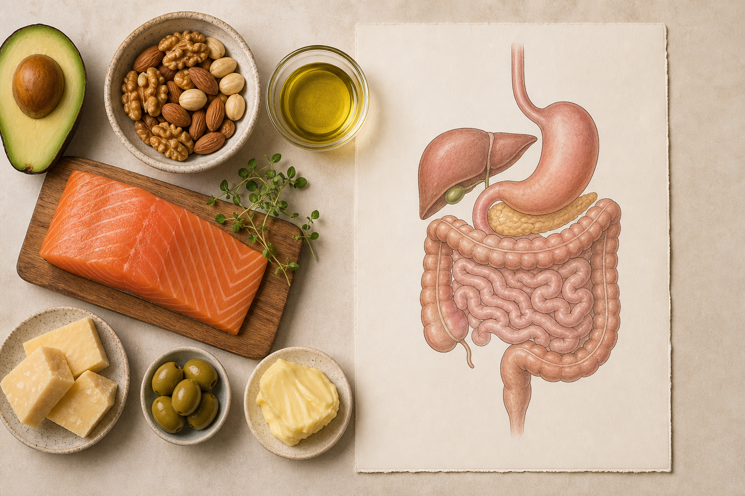 Flat lay of high-fat foods beside a diagram of the digestive system on cream paper