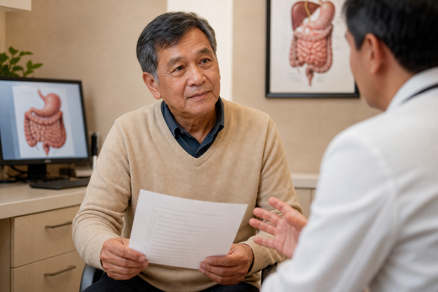Filipino man in his 60s at a gastroenterologist's office