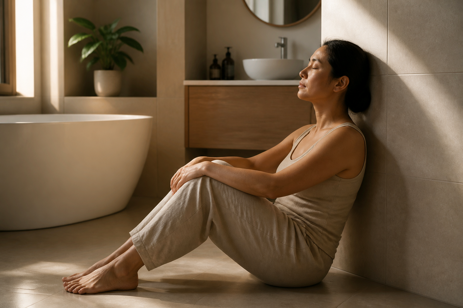 Filipino woman in her 30s sitting on a bathroom floor with her back against the wall