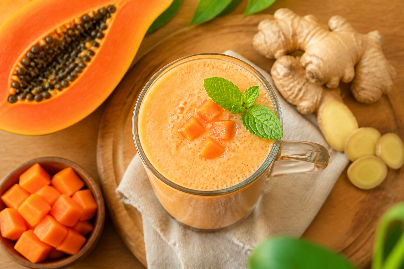 Overhead shot of Papaya and Ginger Digestive Smoothie plated appetizingly in a tall glass or mug