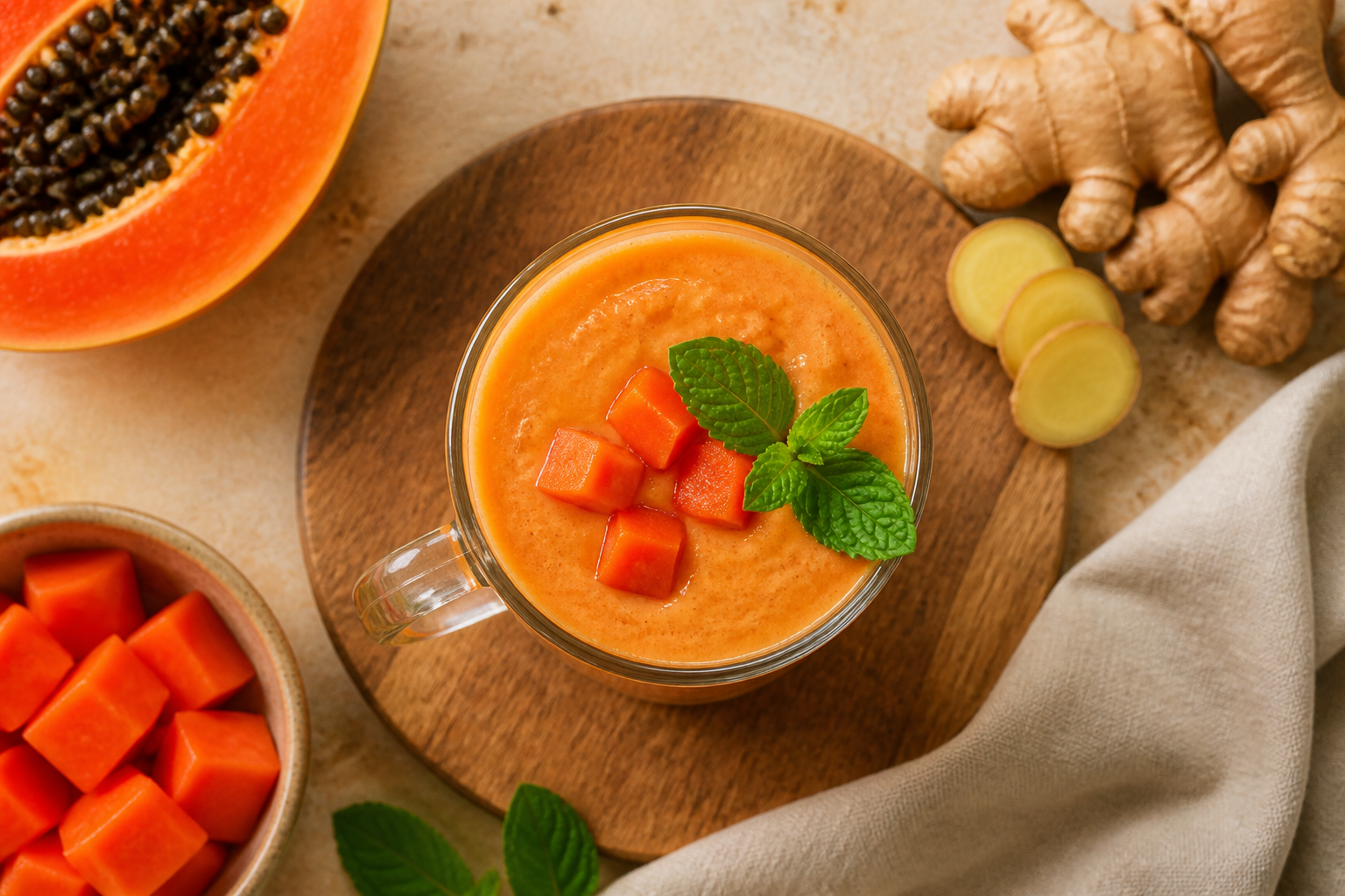 Overhead shot of Papaya Ginger Digestive Smoothie plated appetizingly in a tall glass or mug