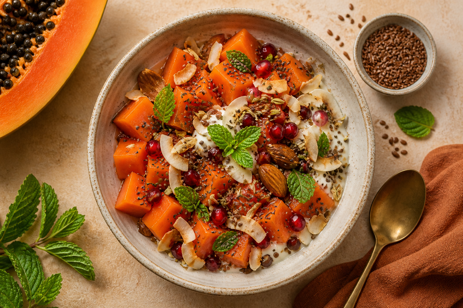 Overhead shot of Papaya Mint Digestive Bowl plated appetizingly in a ceramic bowl with toppings visible