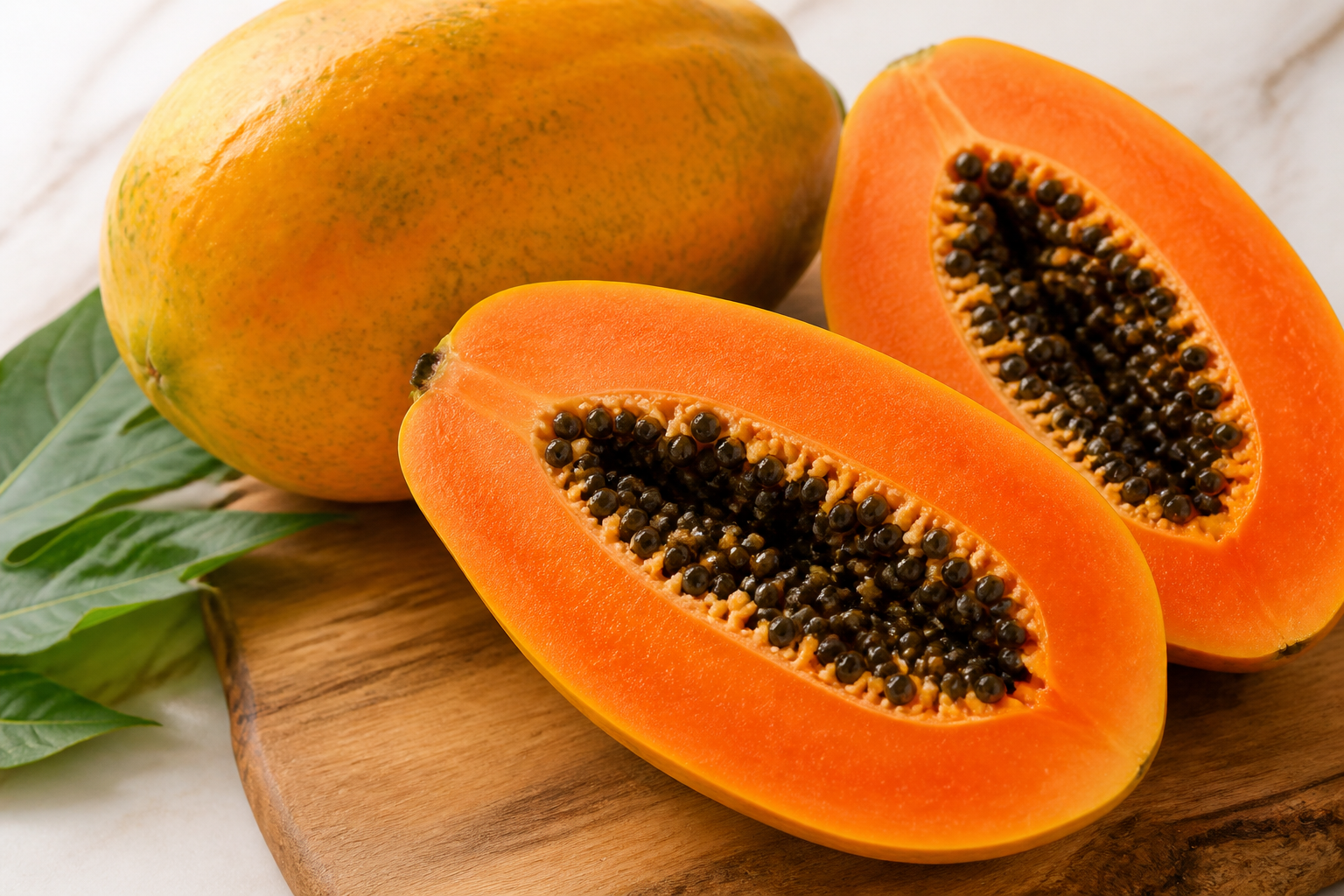 Close-up of Papaya as fresh whole and cut fruit on a clean wooden or marble surface