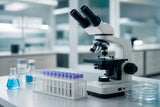 Clean medical lab with microscope and sample vials