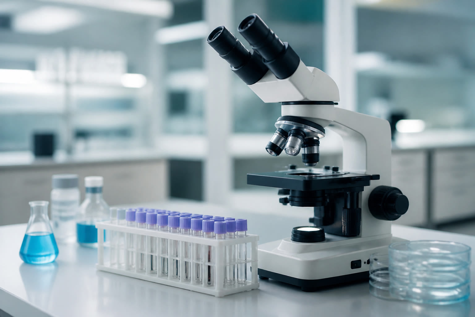 Clean medical lab with microscope and sample vials