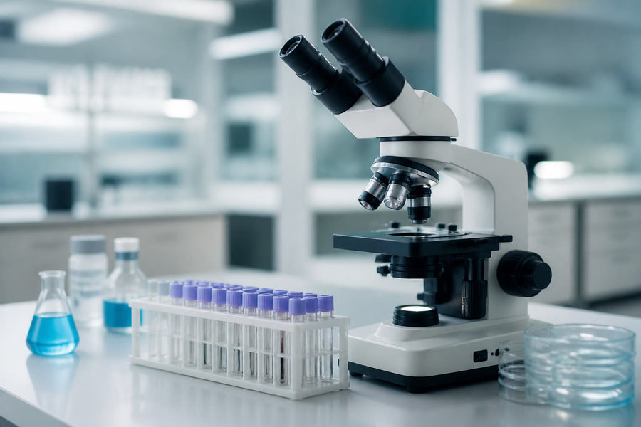 Clean medical lab with microscope and sample vials
