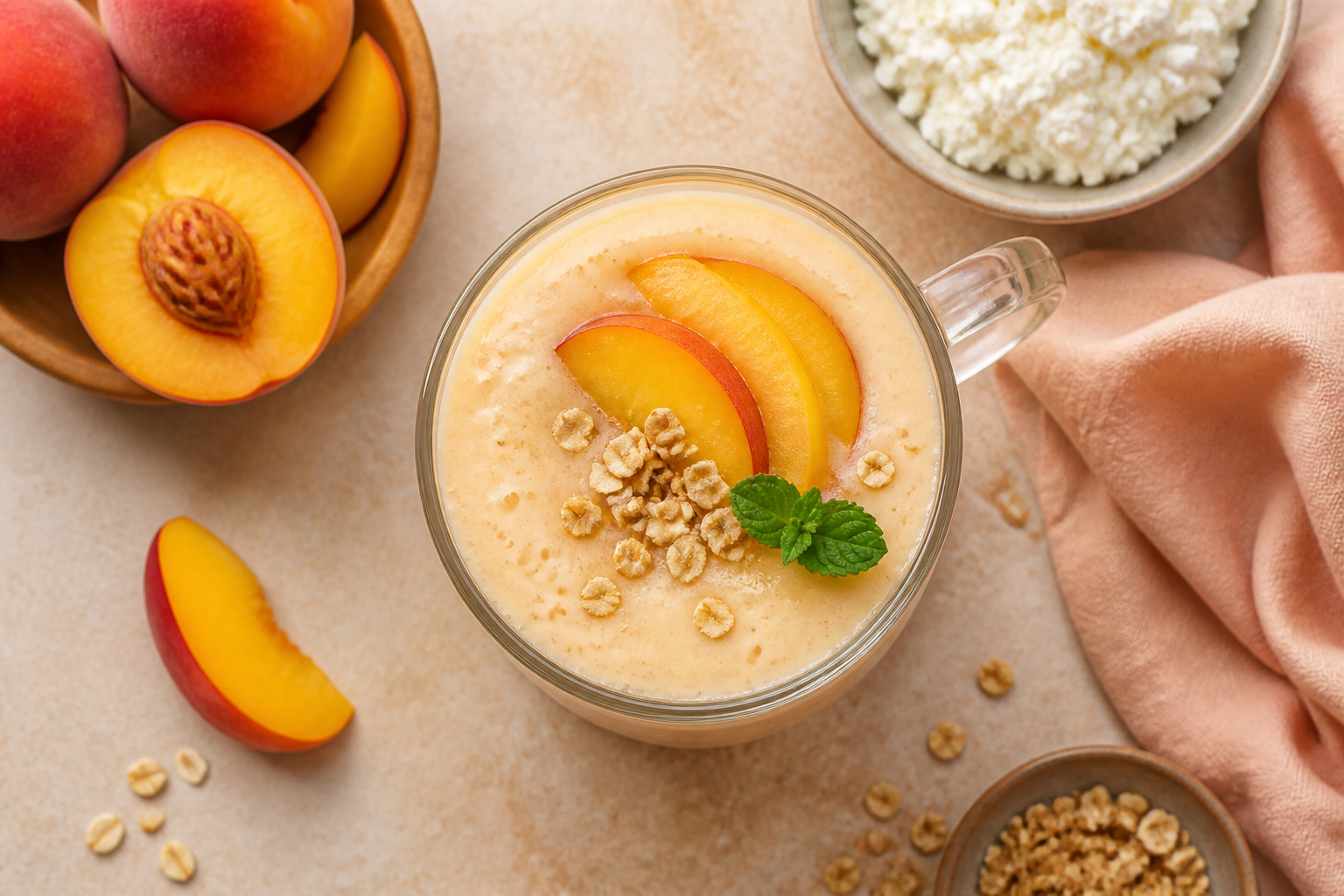Overhead shot of Peach and Kefir Smoothie plated appetizingly in a tall glass or mug