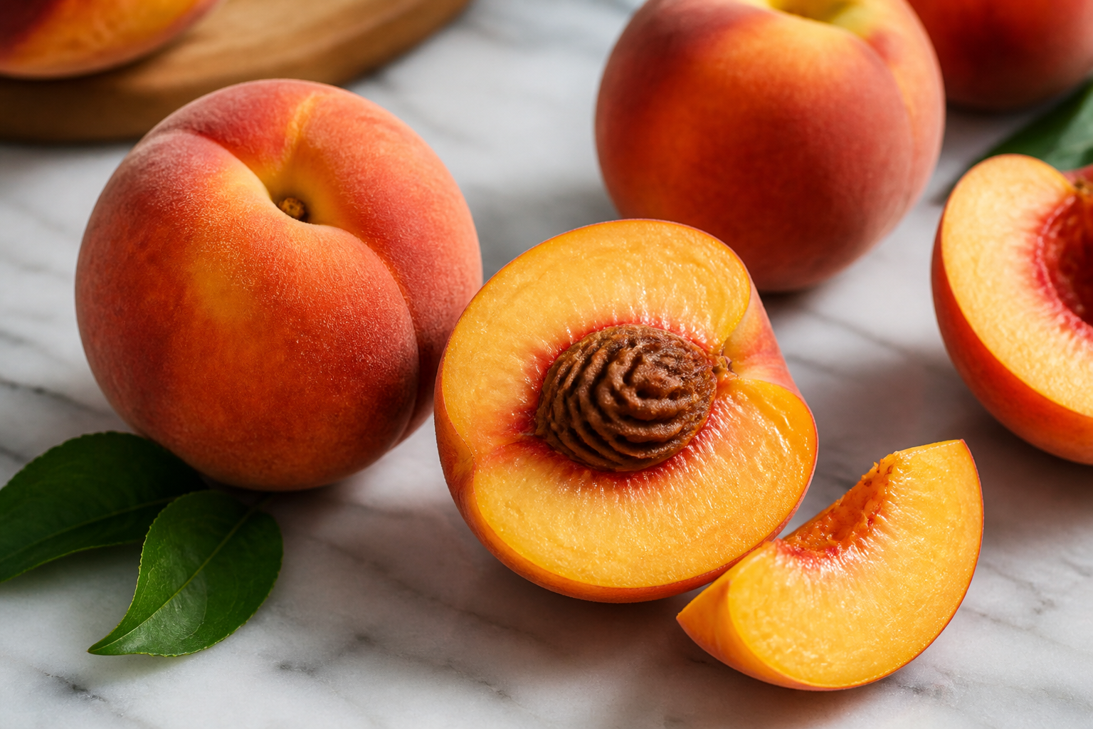 Close-up of Peach as fresh whole and cut fruit on a clean wooden or marble surface