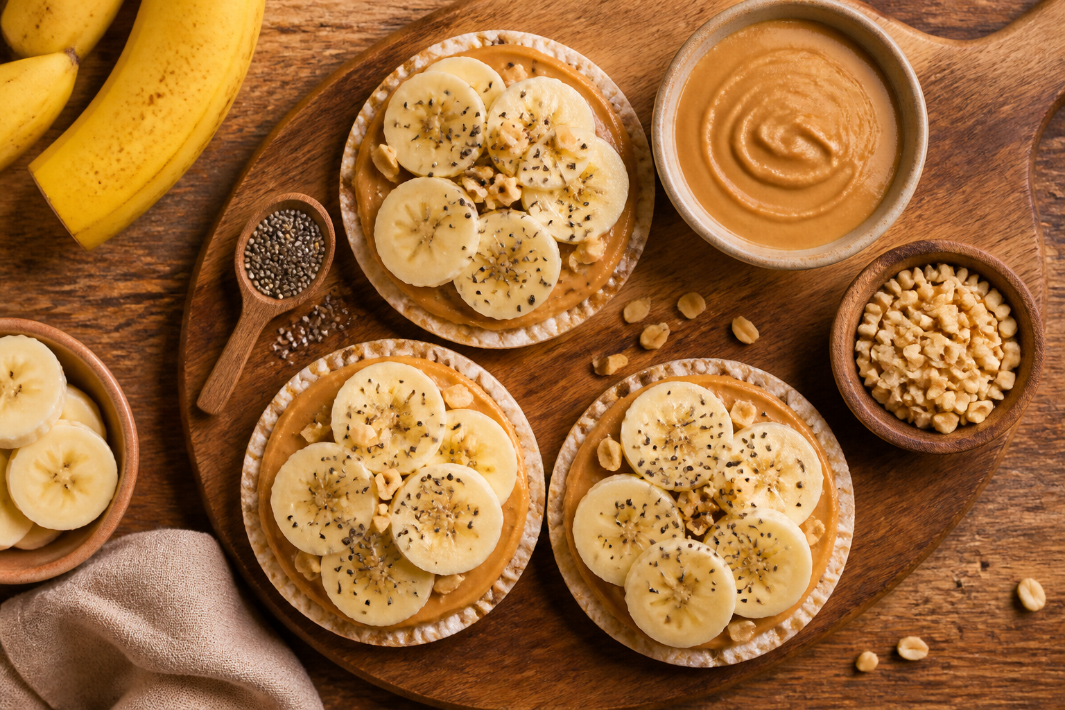 Overhead shot of Peanut Butter and Banana Rice Cakes plated appetizingly in a wooden board