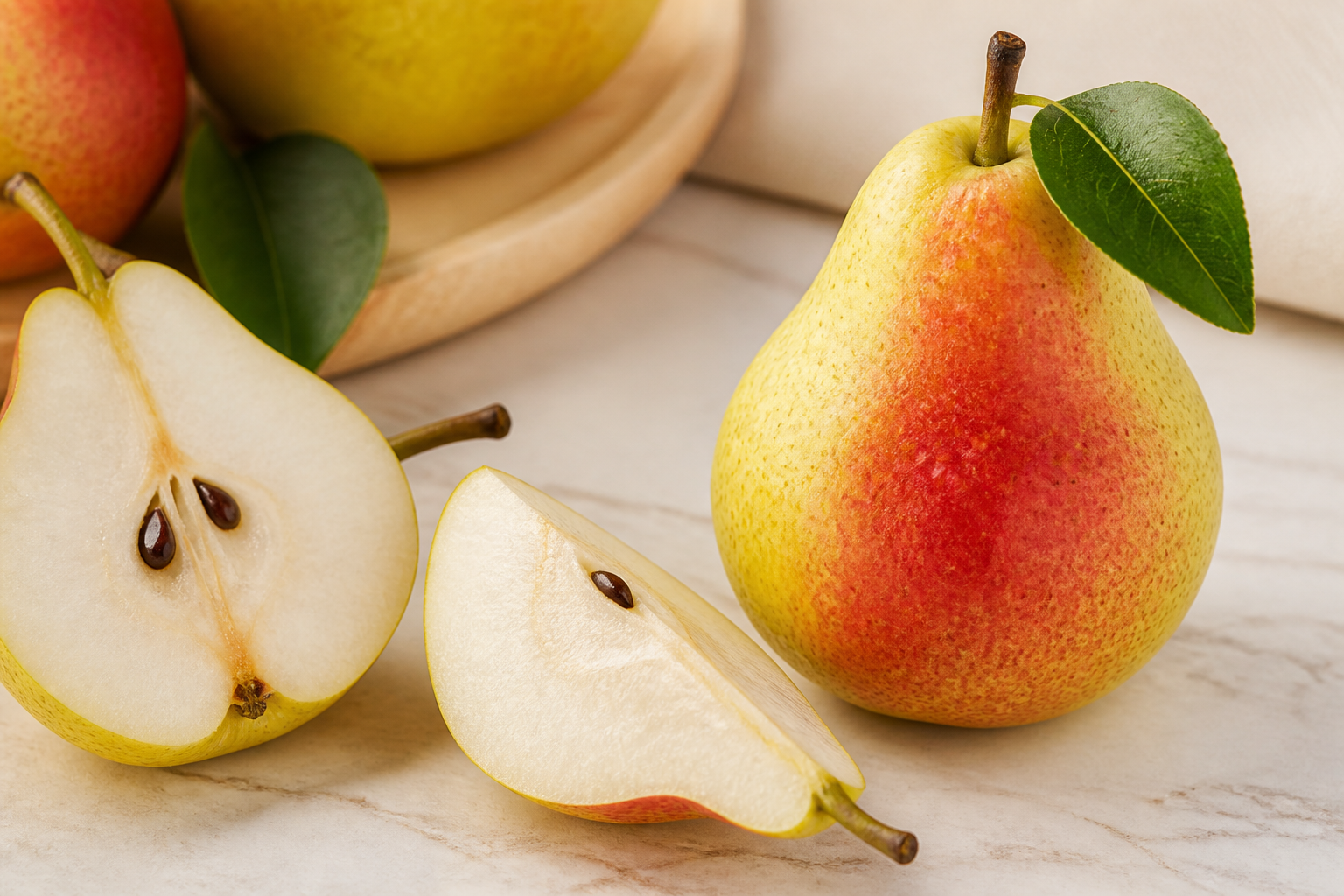 Close-up of Pear as fresh whole and cut fruit on a clean wooden or marble surface