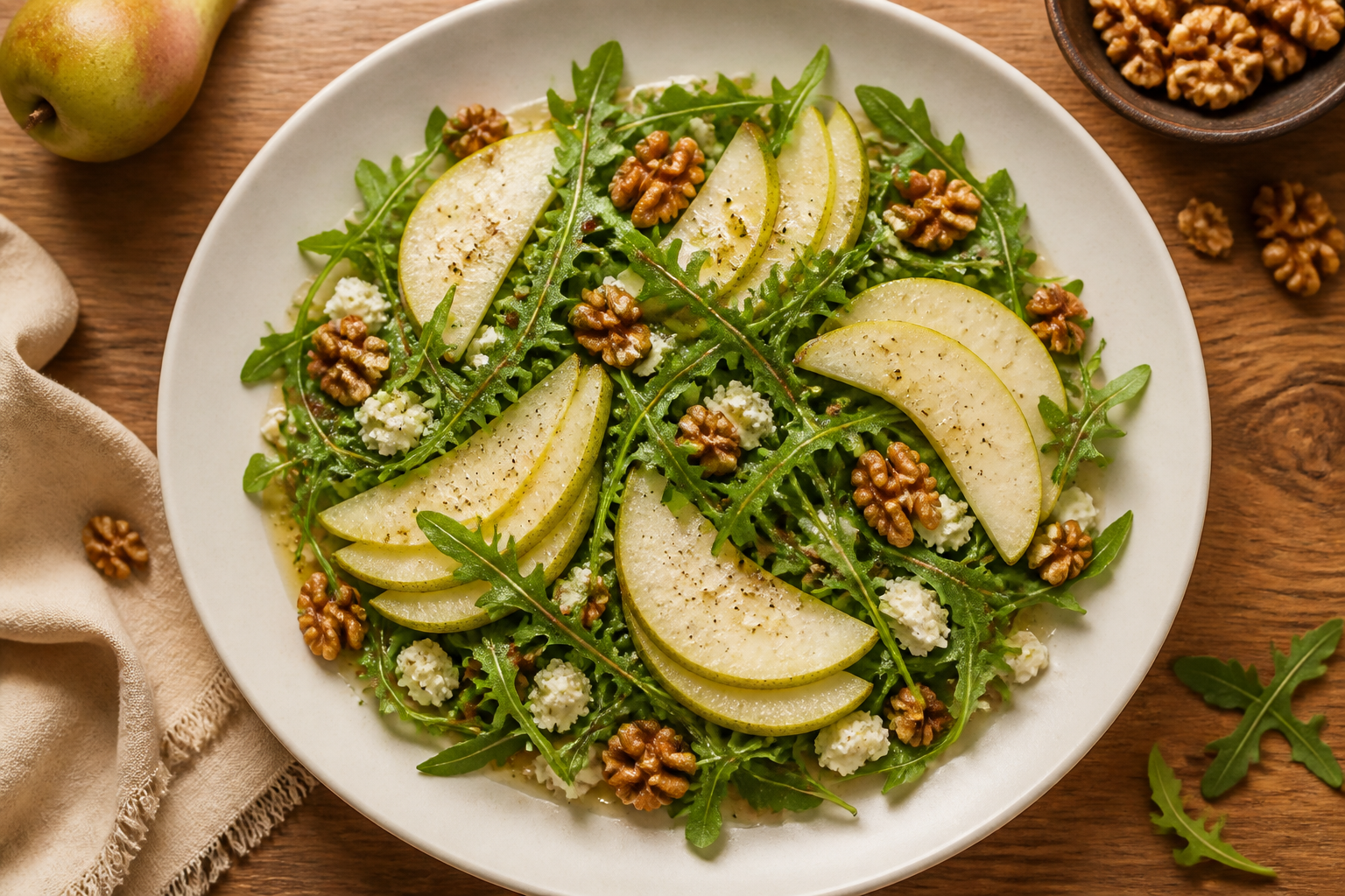 Overhead shot of Pear and Arugula Salad with Walnuts plated appetizingly in a wide clean plate