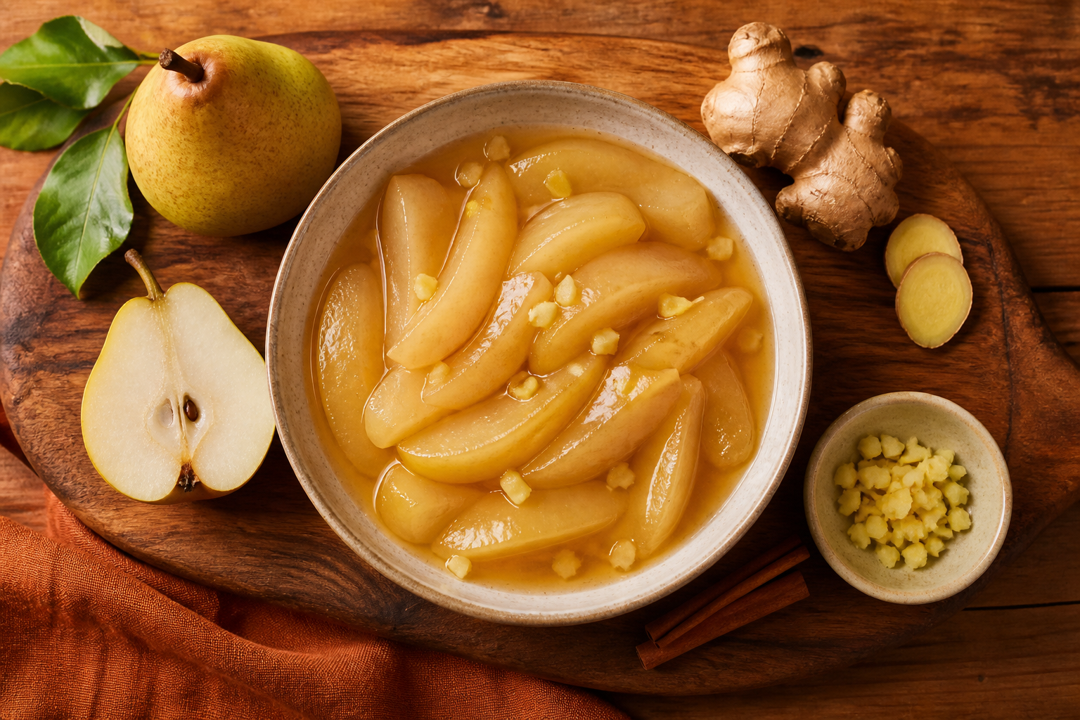 Overhead shot of Pear and Ginger Compote plated appetizingly in a wooden board