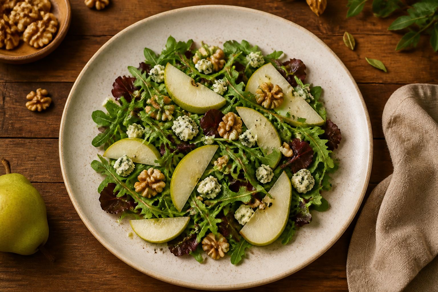 Overhead shot of Pear and Walnut Salad plated appetizingly in a wide clean plate
