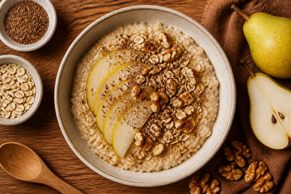Pear Oat Bran Bowl with Ground Flaxseed