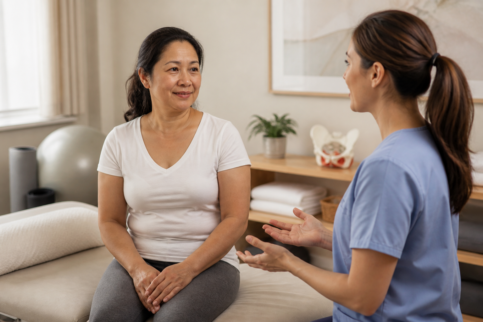 Filipino woman in her 40s in a physical therapy session