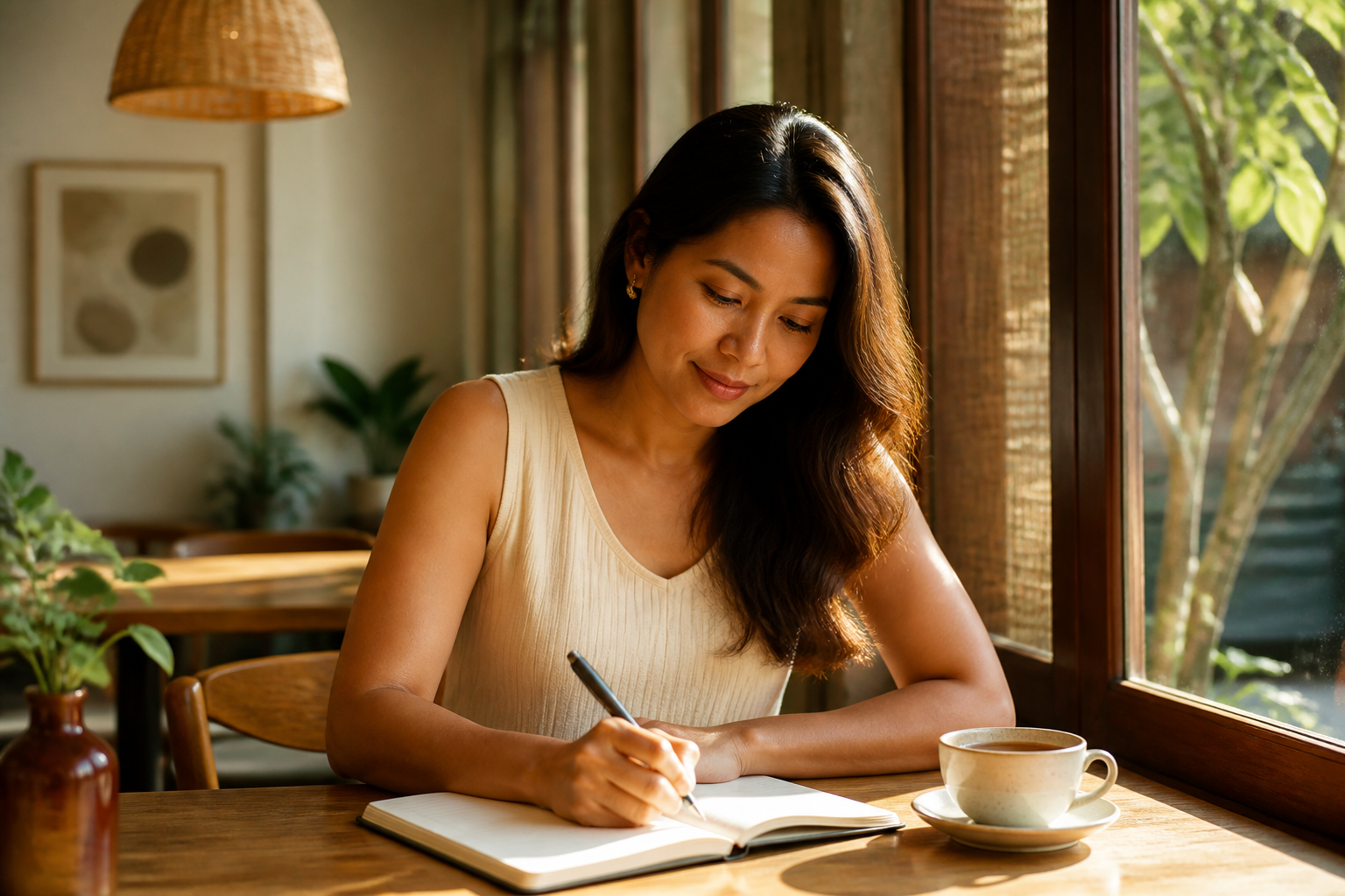 Filipino woman in her 30s writing in a journal at a café table