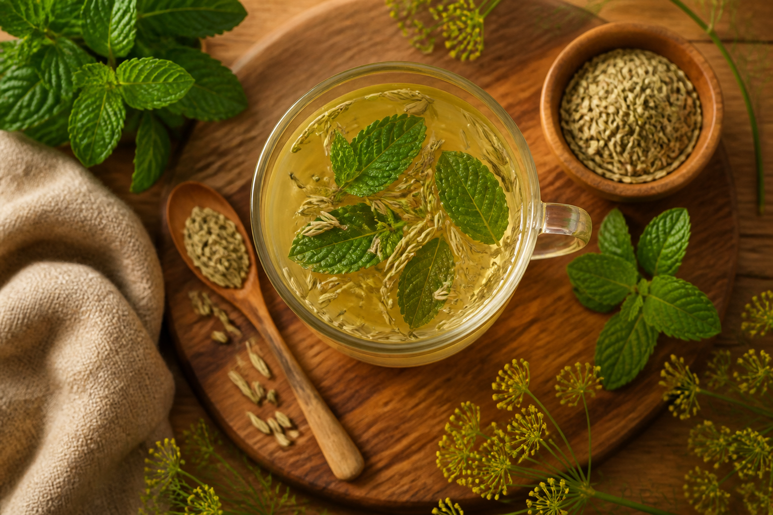 Overhead shot of Peppermint Fennel Tea plated appetizingly in a tall glass or mug