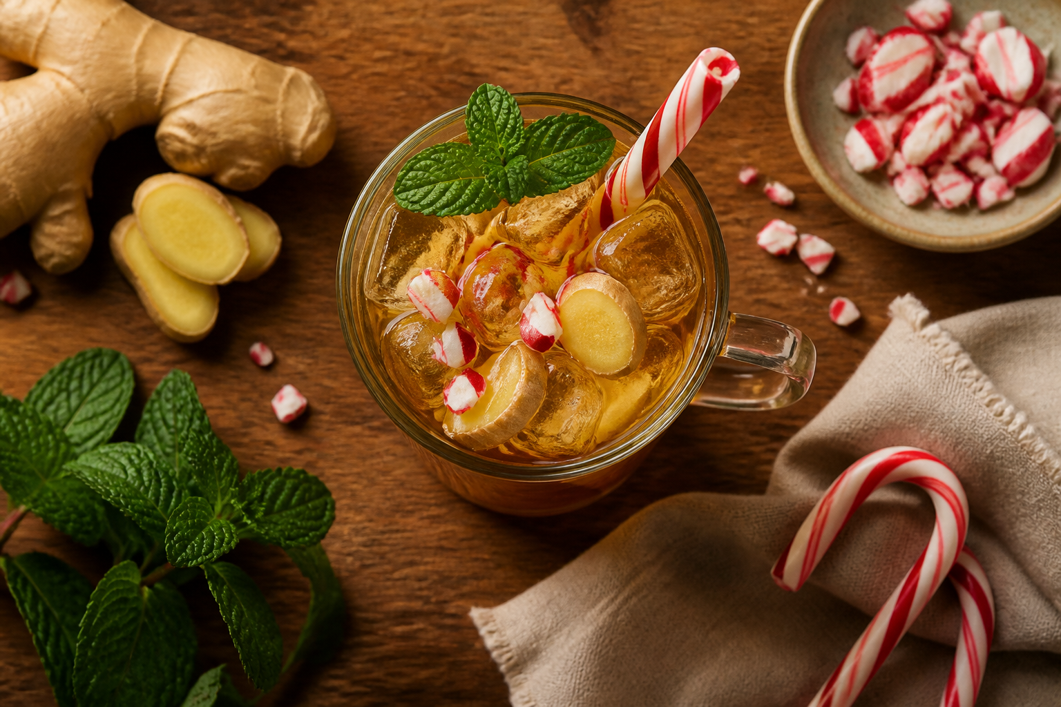 Overhead shot of Peppermint Ginger Iced Tea plated appetizingly in a tall glass or mug