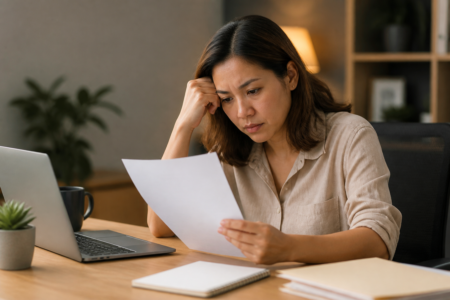 Filipino woman in her 30s at her desk reviewing her self-evaluation form