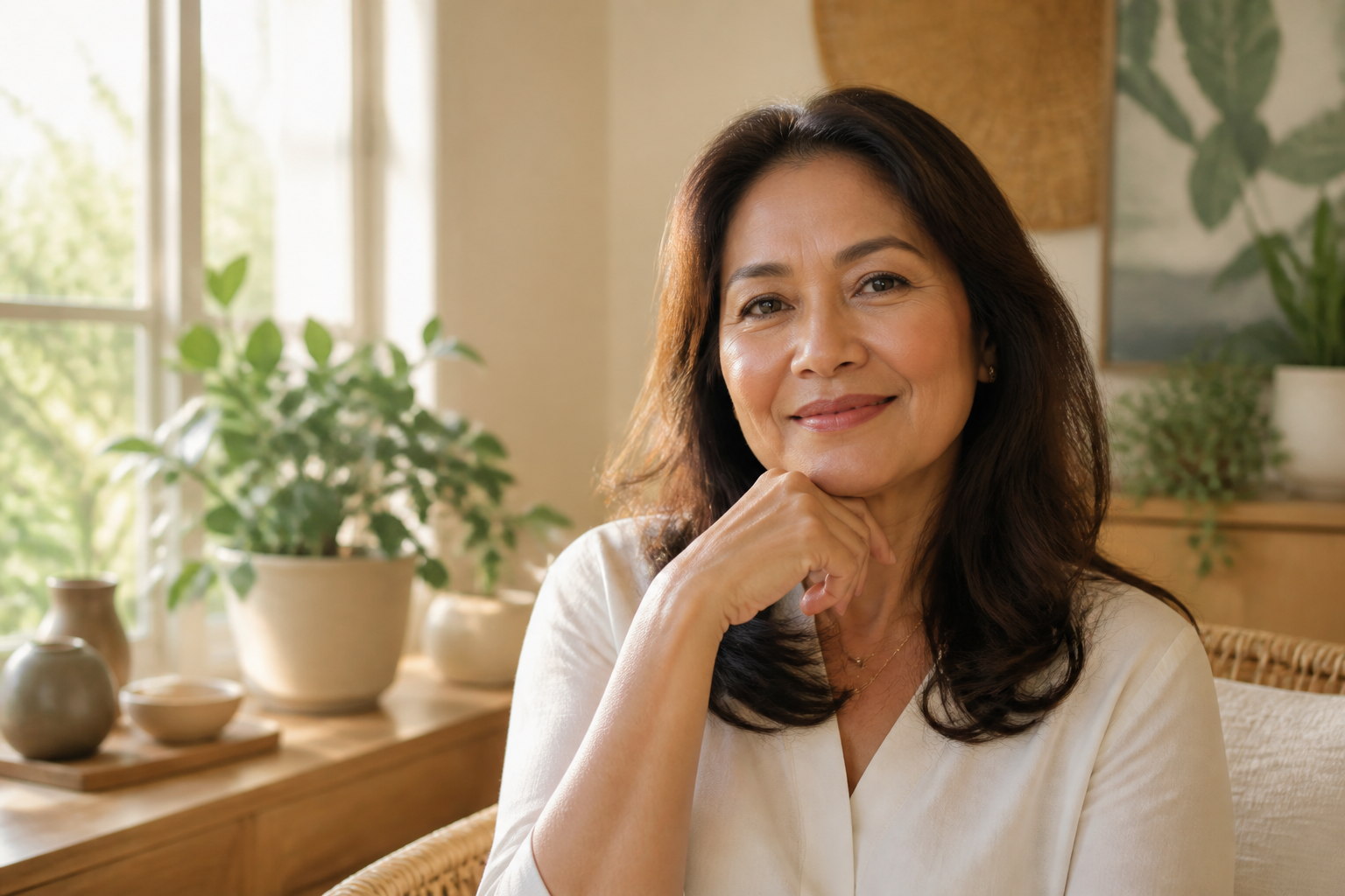 Filipino woman in her early 50s in a sunny room