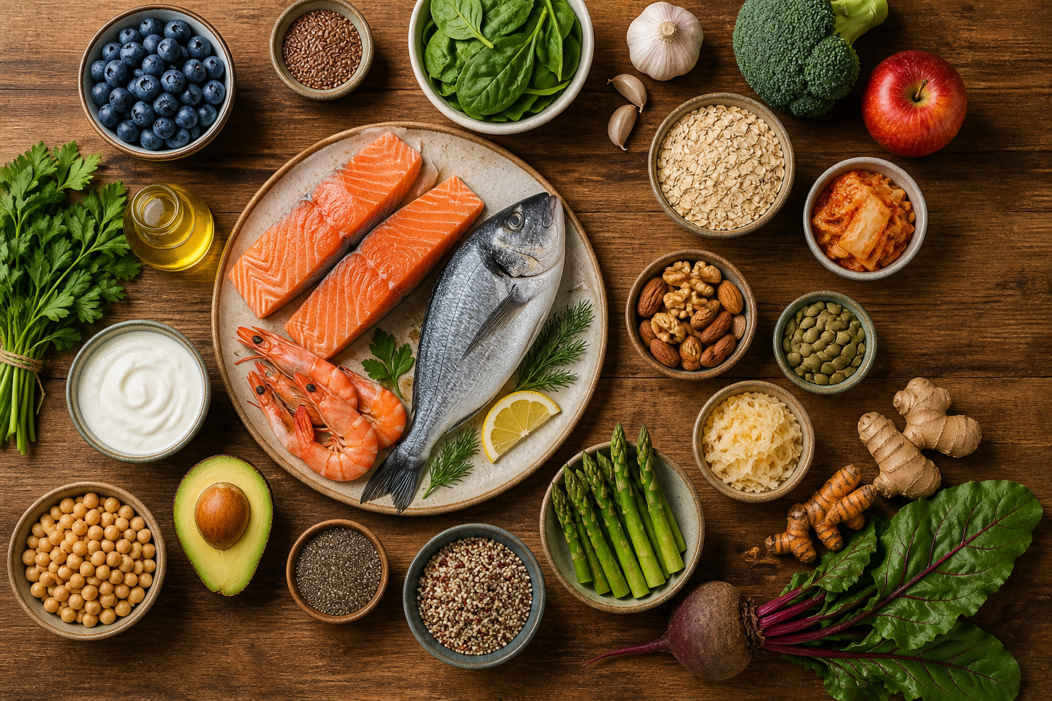 Overhead flat lay of foods representing Pescatarian Diet and Your Gut arranged beautifully on a wooden surface