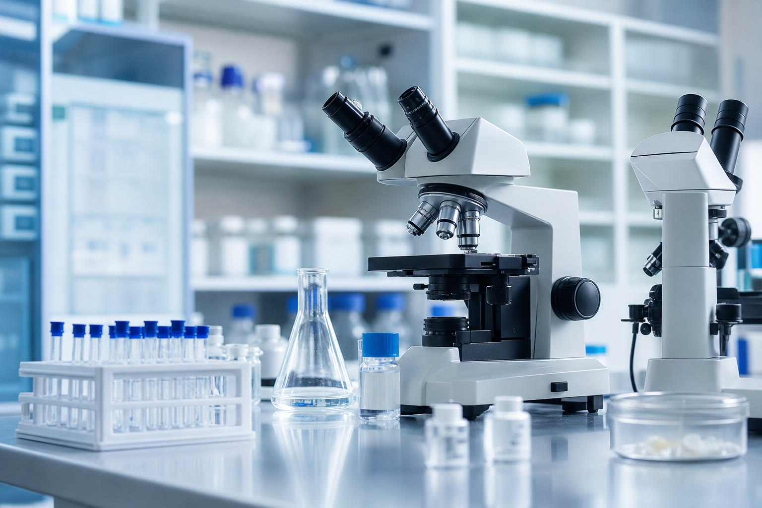 University laboratory bench with microscopes and sample vials