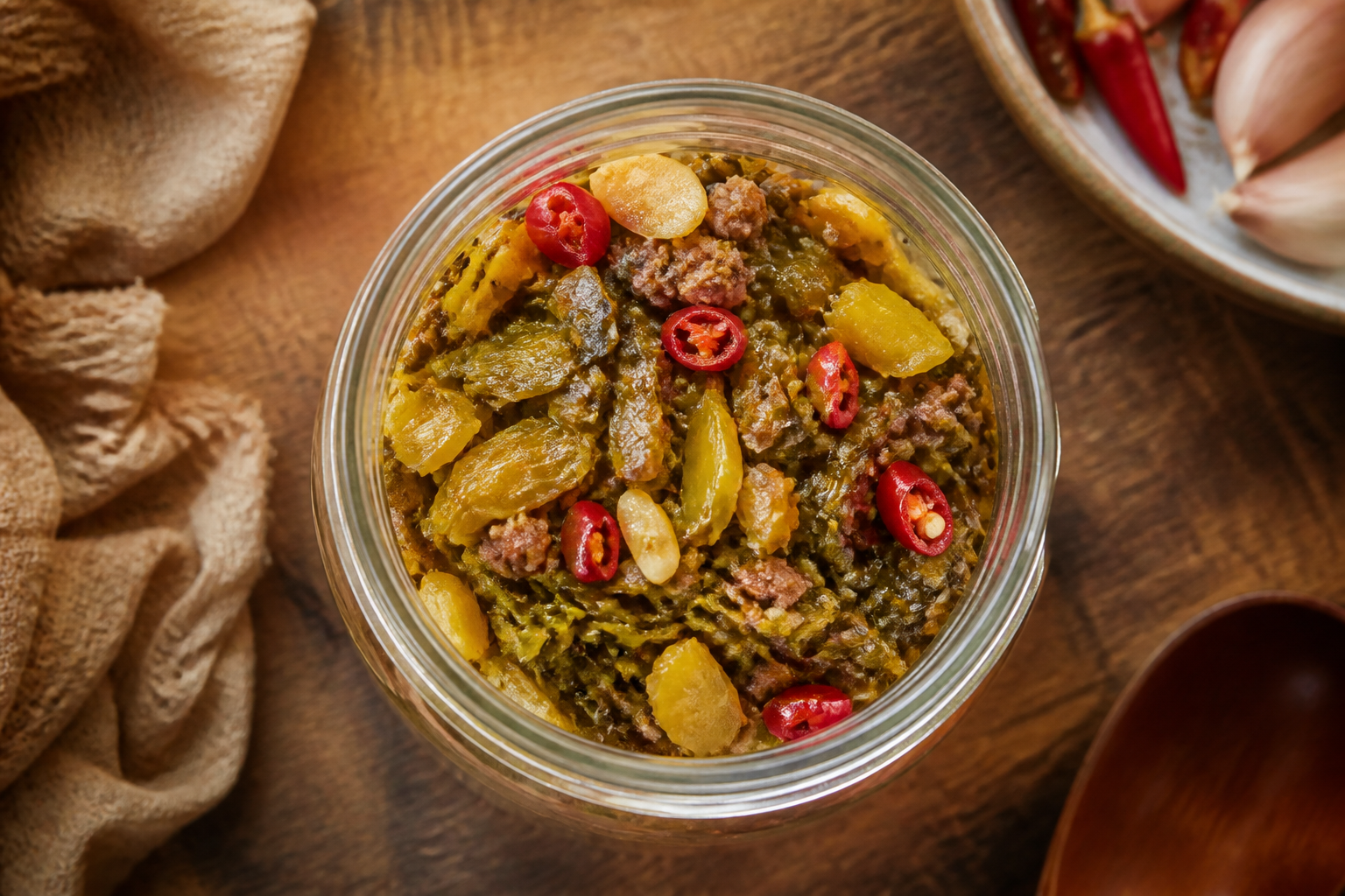 Overhead shot of Pickled Mustard Greens Stir Fry plated appetizingly in a mason jar