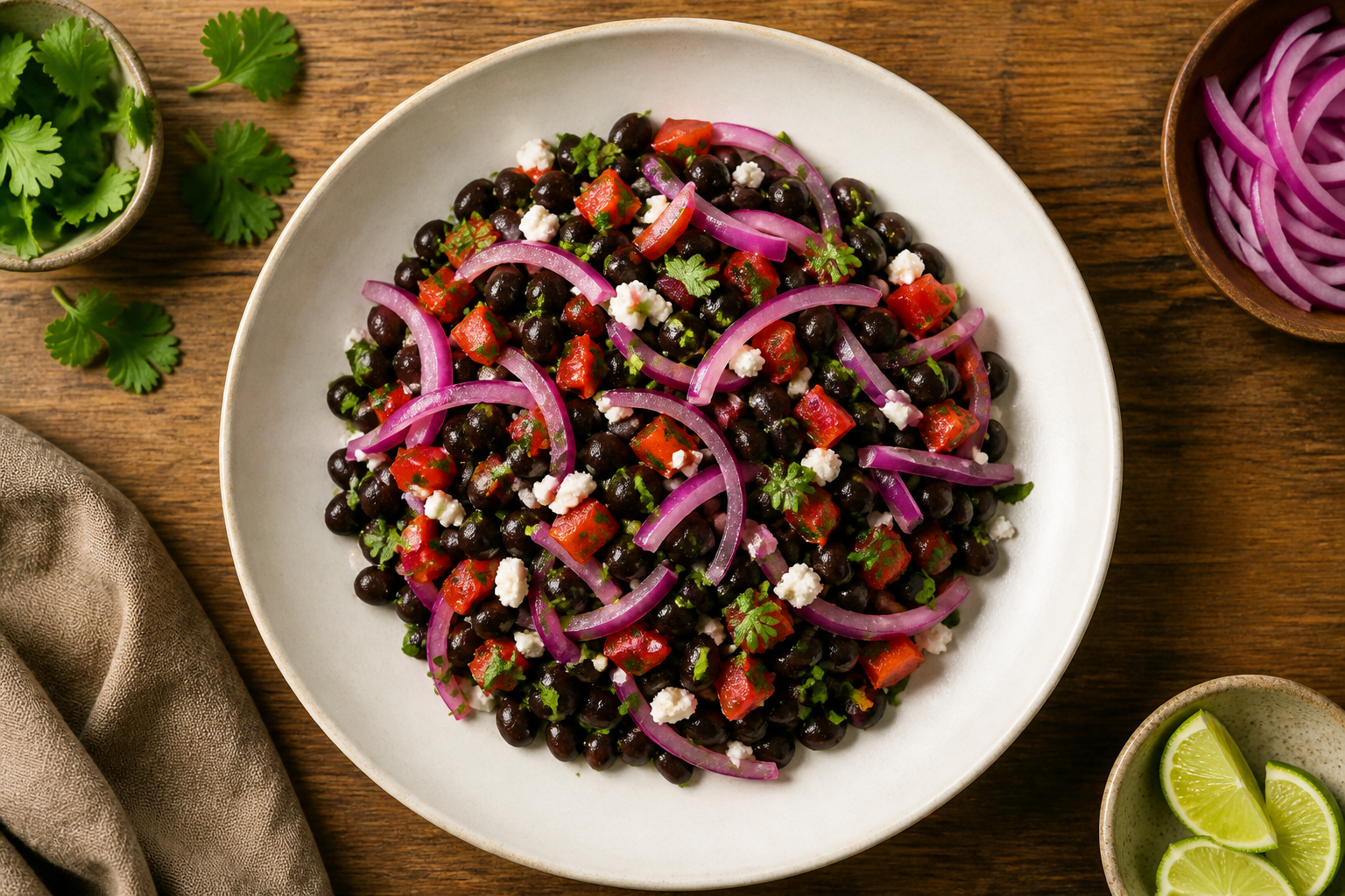 Overhead shot of Pickled Red Onion and Black Bean Salad plated appetizingly in a wide clean plate
