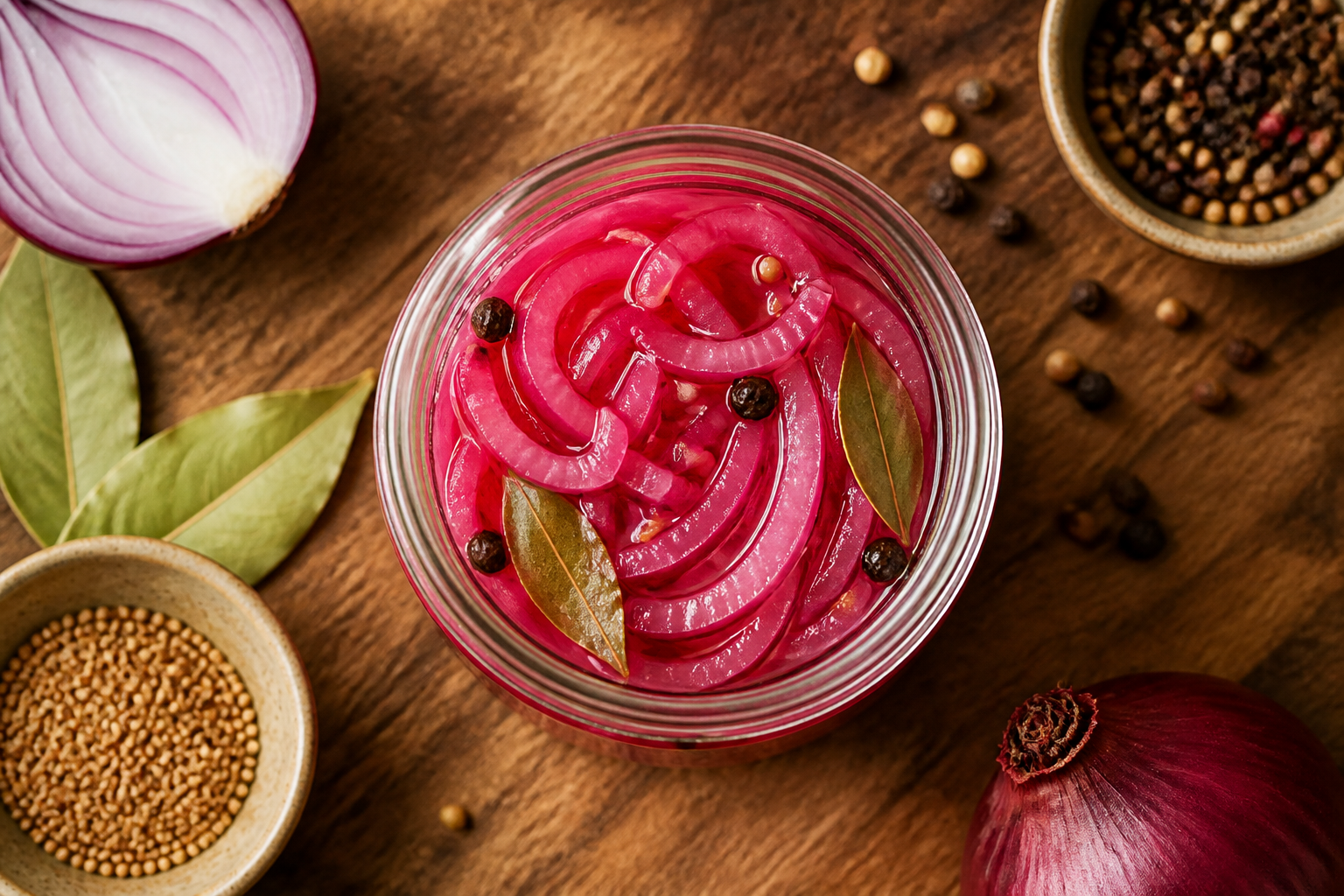 Overhead shot of Pickled Red Onions plated appetizingly in a mason jar