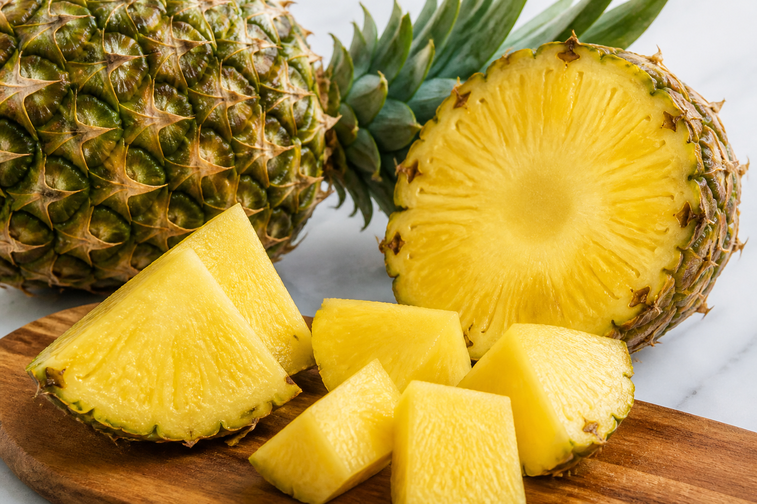 Close-up of Pineapple as fresh whole and cut fruit on a clean wooden or marble surface