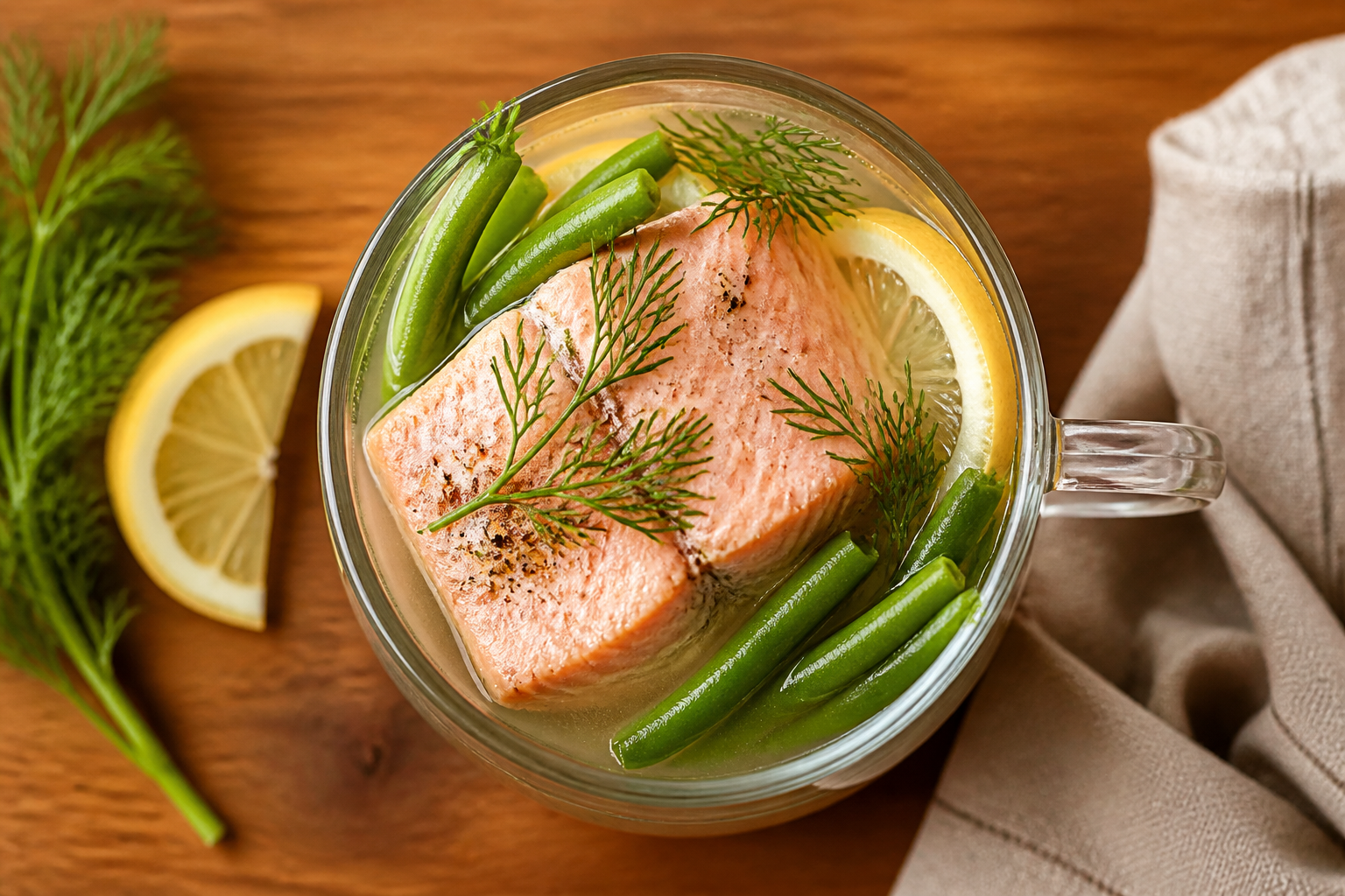 Overhead shot of Poached Salmon with Dill and Steamed Green Beans plated appetizingly in a tall glass or mug
