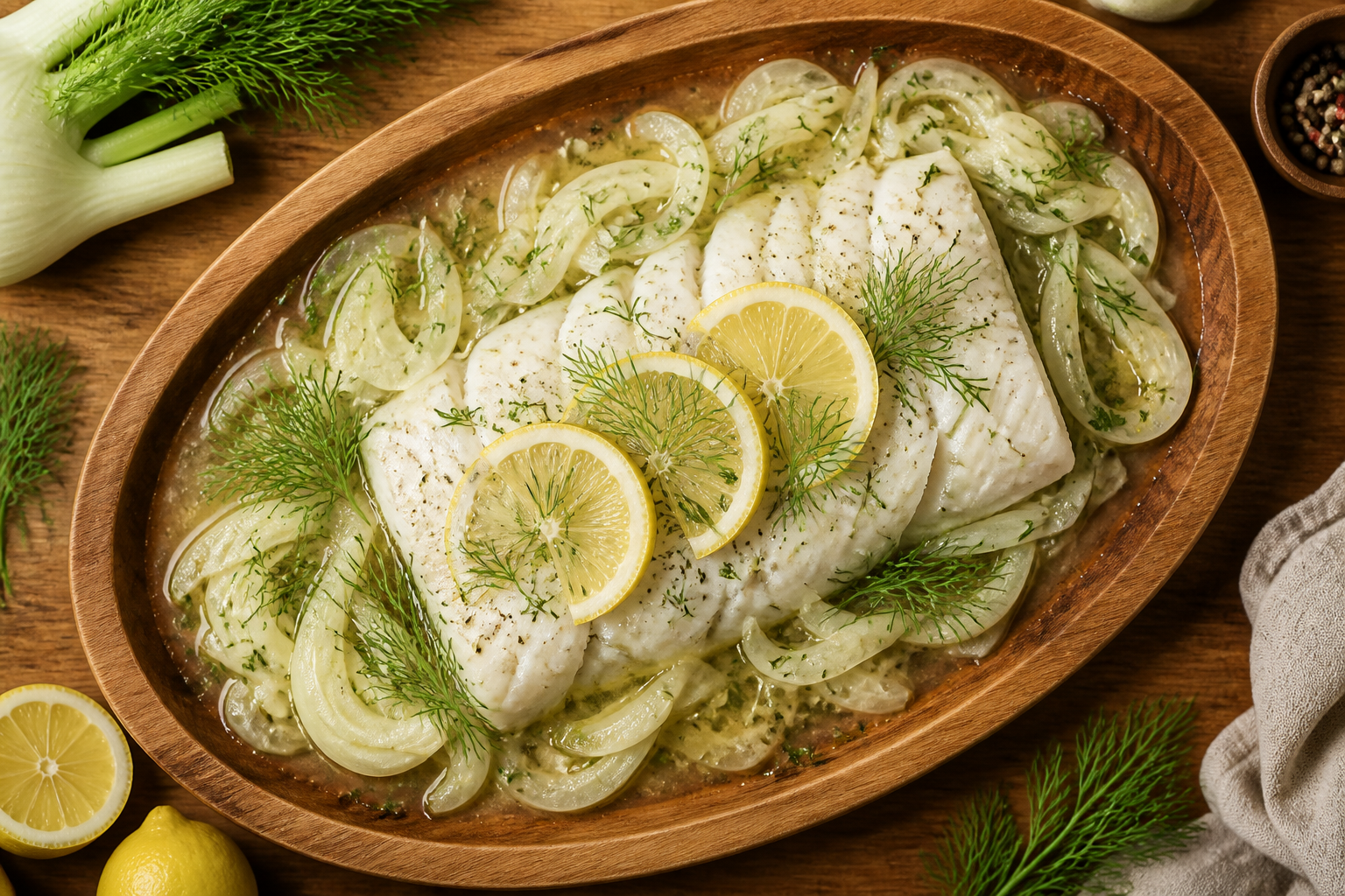 Overhead shot of Poached White Fish with Fennel and Dill plated appetizingly in a wooden board