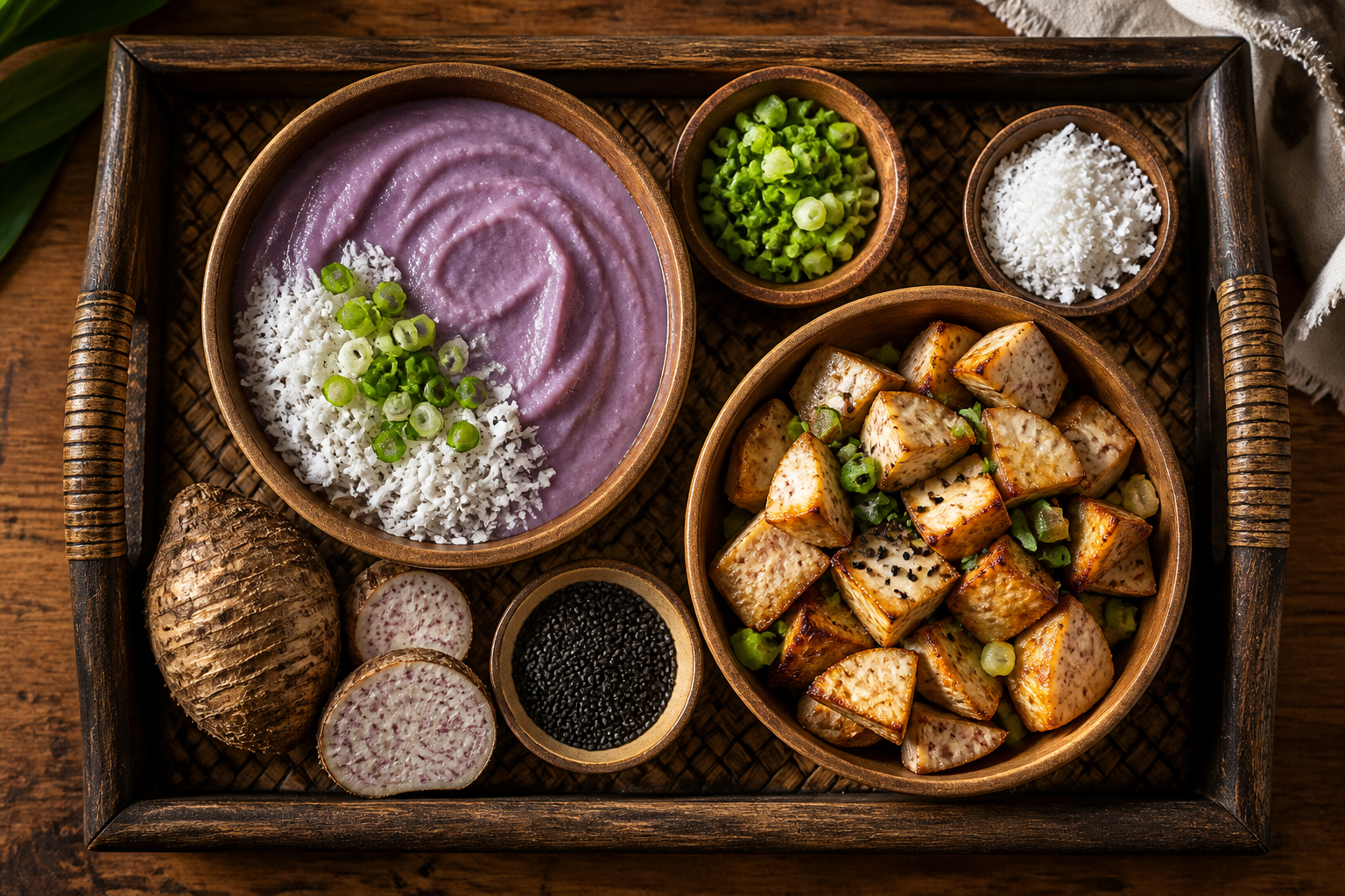 Overhead shot of Poi and Roasted Taro Bowl plated appetizingly in a baking tray